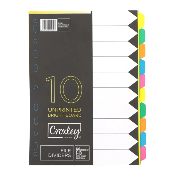 CROXLEY FILE DIVIDER BOARD A4 10 TAB RAINBOW BRIGHT ASST